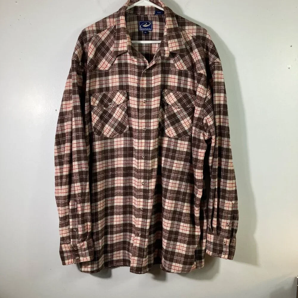 Mens Roper Western Pearl Snap‎ Plaid Flannel Shirt 2XL Brown Red White